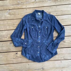 Guess Dark Wash Denim Floral Button Down Shirt XS